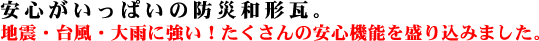 安心がいっぱいの防災和形瓦。地震・台風・大雨に強い!たくさんの安心機能を盛り込みました。